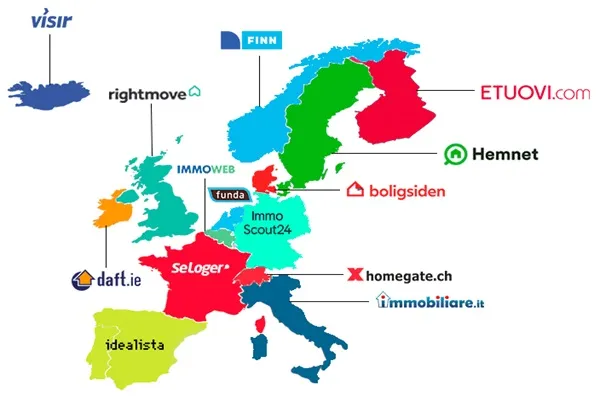 Önde gelen bir emlak sitesinin logosuyla Avrupa ülkeleri